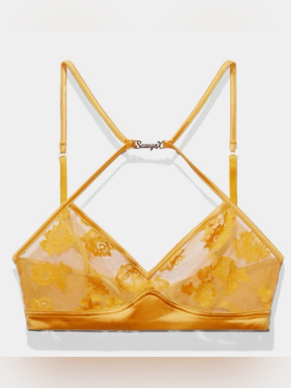 Savage X Fenty Yellow/Orange Sheer Floral Lace Bra M Wireless Adjustable Strap